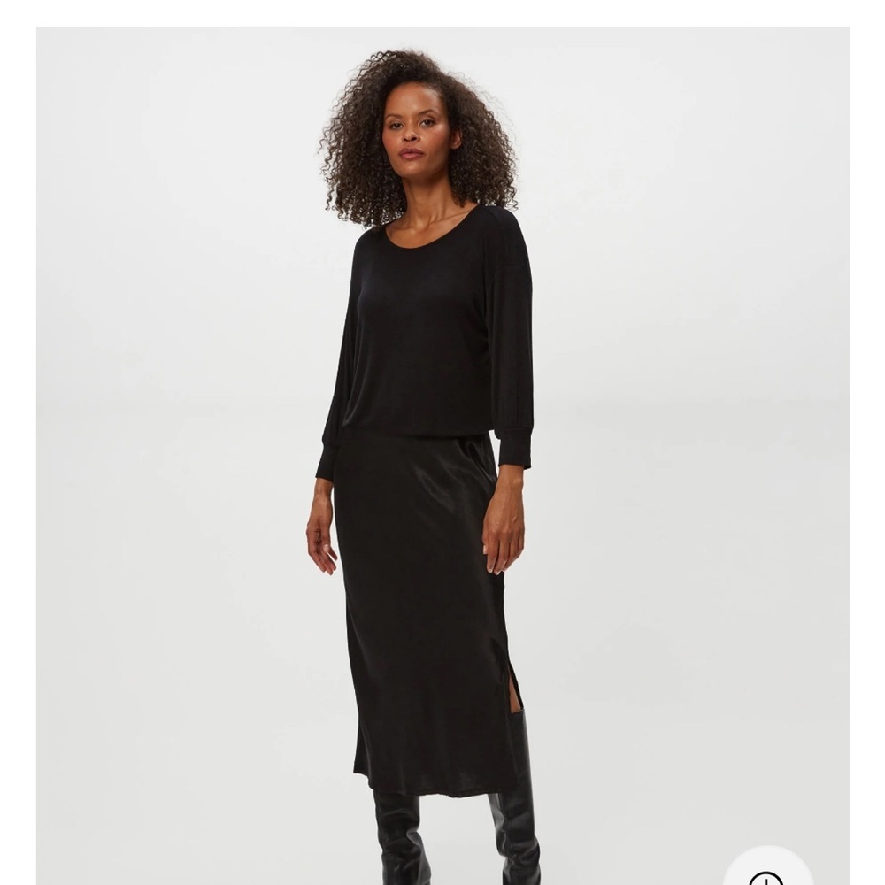 Michael Stars Nadia Mixed Fabric Black Satin Long Sleeve Midi Dress - Picture 7 of 8